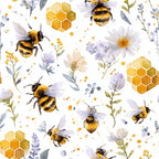 Buzzing Blossoms Pattern 1 fleece fabric with black-and-gold bees, white daisies, leafy sprigs and golden honeycomb on a light background