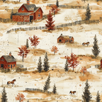 rust orange, cream, beige, brown, horses, red barns, farm buildings, wooden fences, evergreen trees, autumn trees, rolling hills, pastoral landscape, country scene, rural setting, watercolor style,, fabric panel, ranch pattern, farm animals, autumn foliage