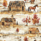 horse ranch, autumn colors, rustic barns, brown horses, weathered wood, split rail fencing, fall foliage, country farm,, fabric panel, pastoral scene, orange leaves, barn structures, equestrian theme, rural landscape, vintage barn, horse pasture, autumn trees, farmhouse style, western motif