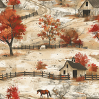 rust red, autumn orange, beige, cream, brown, horses, barn, wooden fence, farm scene, rural landscape, fall foliage, trees, pastoral, countryside,, fabric panel, western theme, ranch life, seasonal motif, earth tones