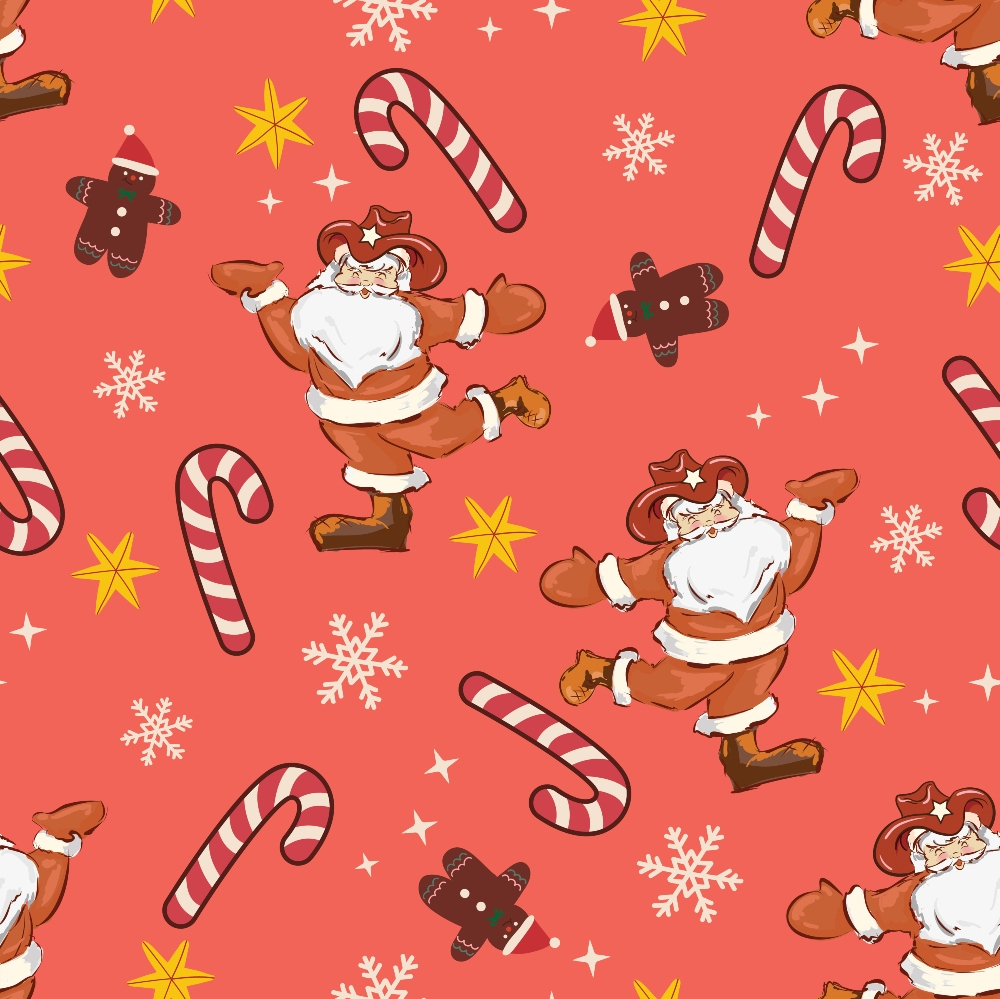 Cowboy Christmas Pattern 2 western fleece fabric with cowboy Santas, candy canes, gingerbread men, white snowflakes and yellow stars on a coral red ground