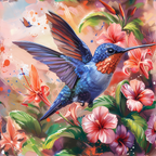 Nectar Garden Pattern 13 fleece fabric with a blue hummingbird among pink hibiscus flowers and lush green foliage with coral and turquoise accents