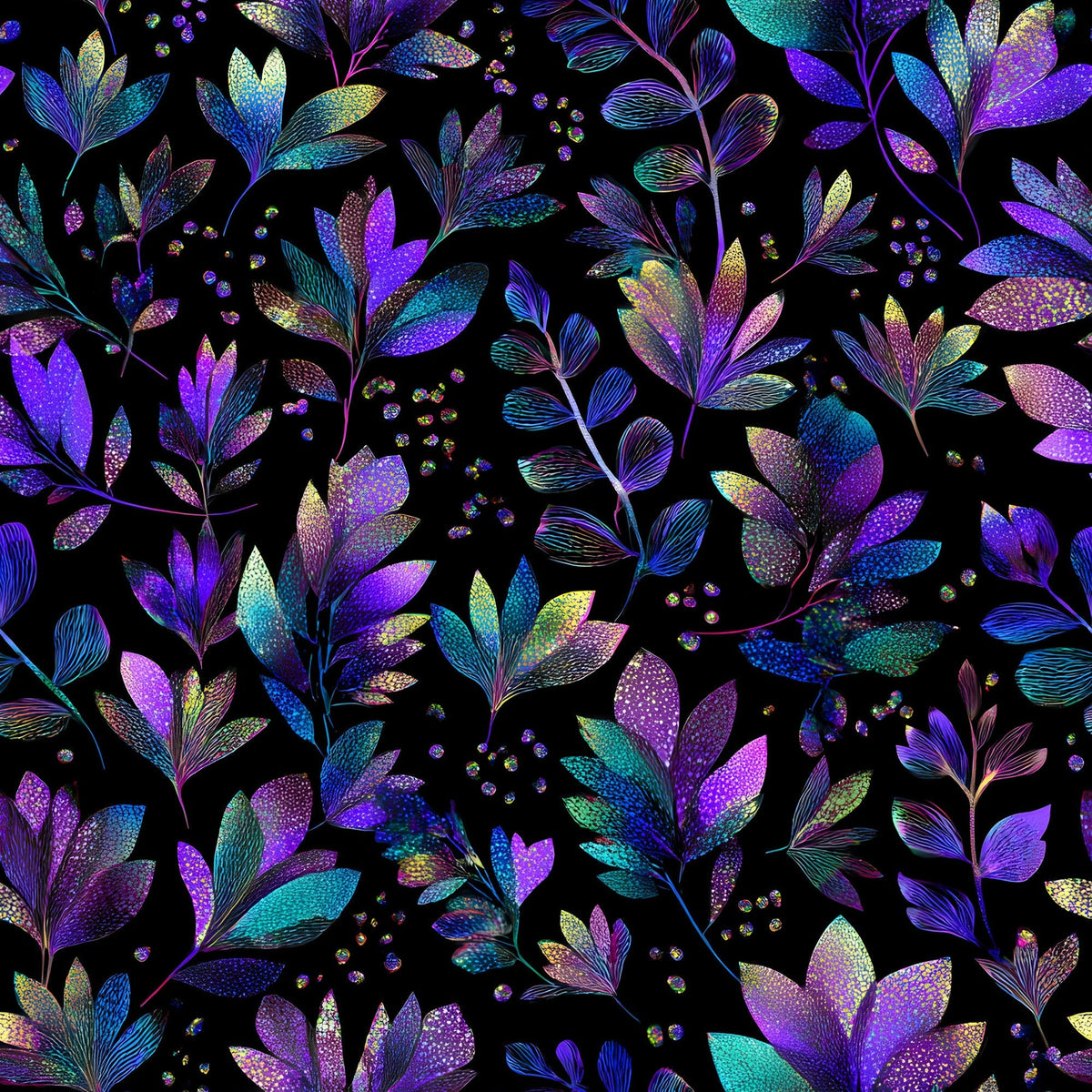 Galaxy Glaze Pattern 7 fleece fabric with luminous purple, blue, teal and lavender leaves on a deep black ground