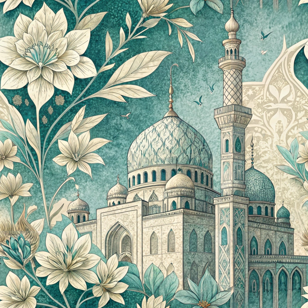 teal, turquoise, cream, beige, islamic mosque, minaret, dome, floral motifs, botanical elements, leaves, flowers, geometric patterns, middle eastern architecture, ornate details, decorative art,, fabric panel, intricate design, vintage style, cultural motifs