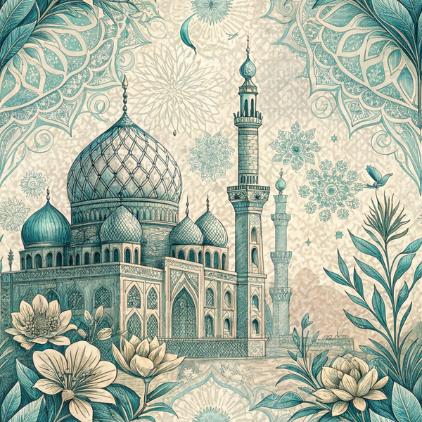 teal, turquoise, cream, beige, islamic architecture, mosque, minaret, dome, ornate patterns, botanical motifs, lotus flowers, decorative leaves, middle eastern style, intricate details,, fabric panel, geometric designs, mandala patterns, elegant flourishes, vintage illustration