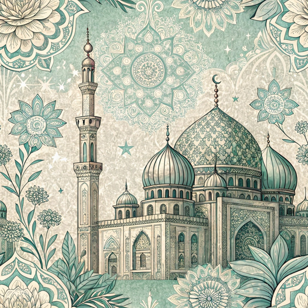 sage green, cream, beige, islamic architecture, mosque, minaret, dome, mandala patterns, floral motifs, geometric designs, ornate details, middle eastern,, fabric panel, intricate linework, paisley elements, decorative borders, spiritual themes, architectural illustration, botanical accents