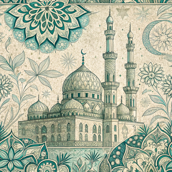 turquoise, teal, cream, beige, mosque, minarets, domes, islamic architecture, mandala, floral motifs, geometric patterns, crescent moon, stars, ornate details, middle eastern,, fabric panel, botanical elements, decorative borders, vintage style