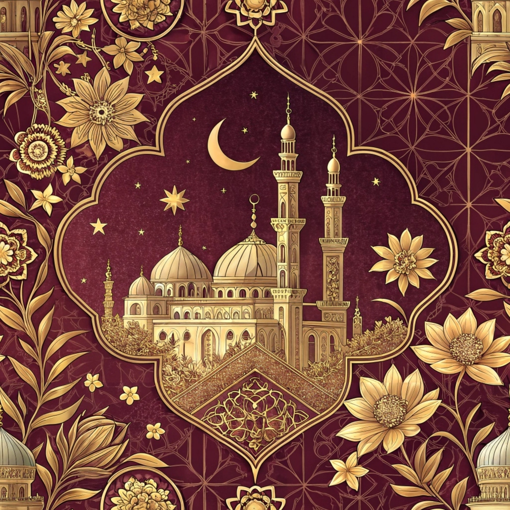 burgundy, maroon, gold, metallic accents, islamic architecture, mosque, minarets, dome, crescent moon, stars, floral motifs, geometric patterns, ornate details, middle eastern, arabesque,, fabric panel, intricate design, religious imagery, night sky