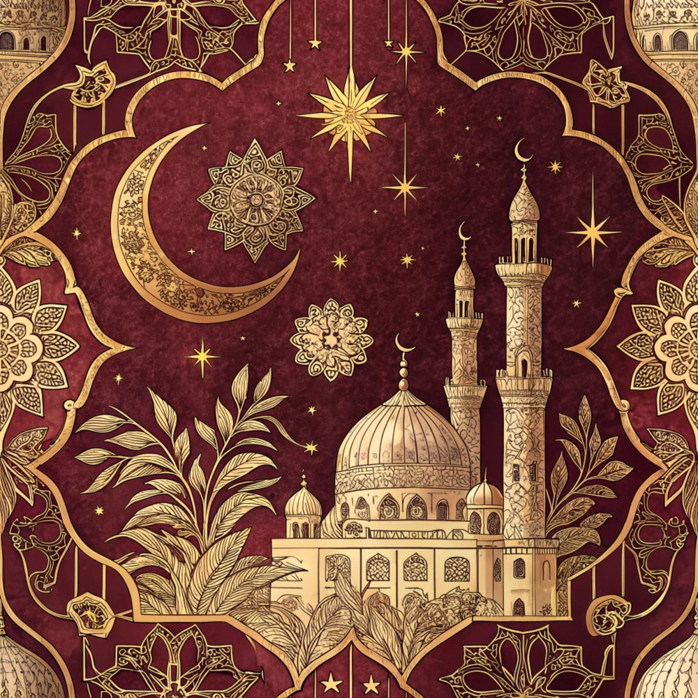 burgundy, maroon, gold, cream, islamic architecture, mosque, minarets, crescent moon, stars, geometric patterns, mandala designs, palm trees, ornate borders, middle eastern,, fabric panel, intricate details, celestial motifs, arabesque, decorative arches
