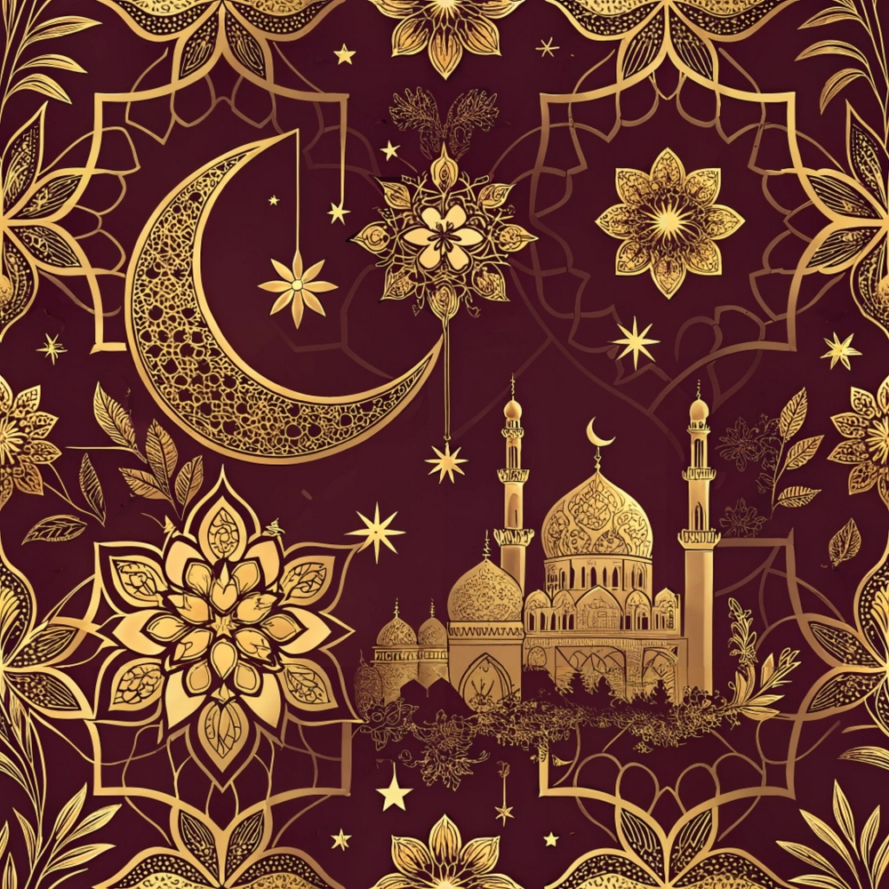 burgundy, gold, maroon, deep red, metallic gold, crescent moon, mosque, minarets, islamic architecture, mandala patterns, geometric florals, ornate designs, stars, intricate detailing, middle eastern motifs, decorative elements,, fabric panel, religious symbols, arabesque patterns