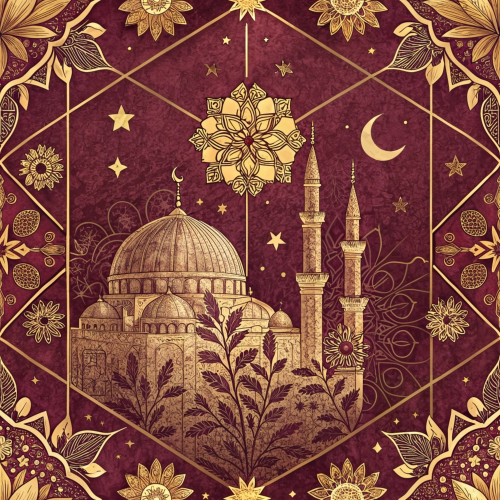 burgundy, gold, maroon, deep red, islamic architecture, mosque, dome, minarets, geometric patterns, mandala, floral motifs, stars, crescent moon, ornate border, middle eastern,, fabric panel, intricate details, botanical elements, celestial symbols
