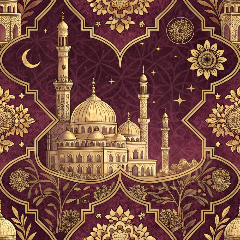 burgundy, maroon, gold, ornate mosque, islamic architecture, minarets, domes, crescent moon, stars, geometric patterns, floral motifs, arabesque designs, intricate borders,, fabric panel, middle eastern, ornamental, decorative elements, religious symbolism
