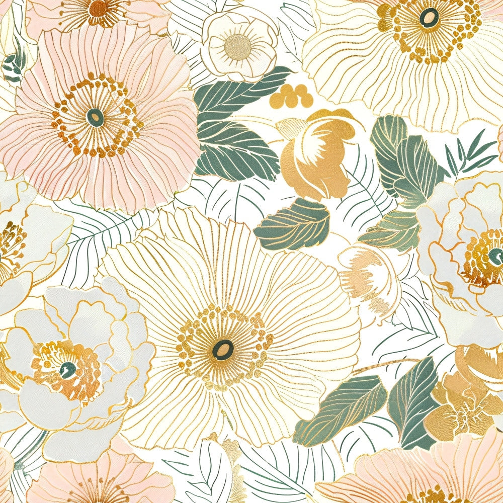 japanese blossoms, floral pattern, pink flowers, golden yellow, sage green, cream background, botanical design, large blooms, leaves, petals, stamens, nature motif,, fabric panel, soft pastels, elegant florals, asian inspired, spring flowers, delicate artwork, feminine colors