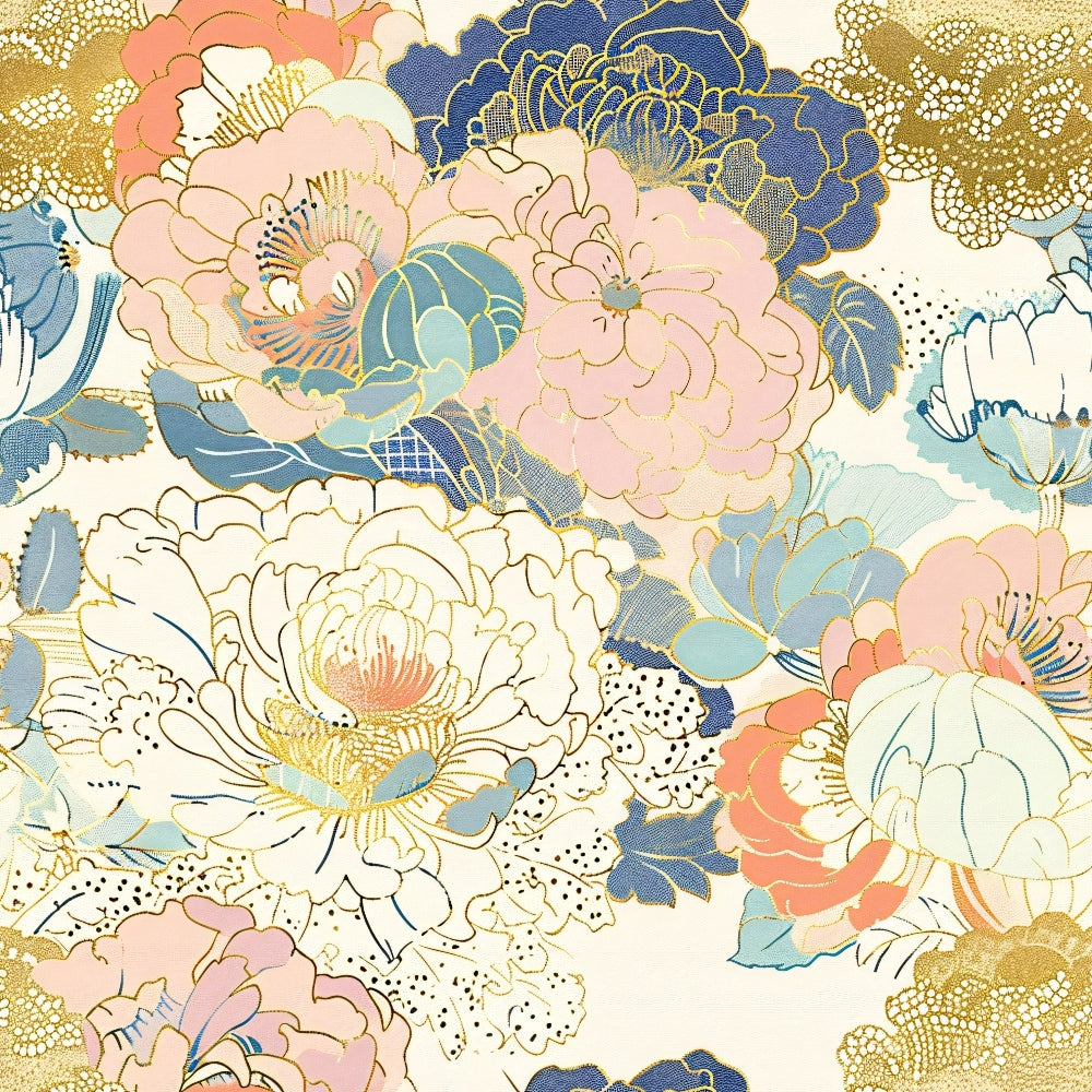 japanese blossoms, floral pattern, peonies, chrysanthemums, pink flowers, blue flowers, coral blooms, gold accents, cream background, oriental style, botanical design, large scale flowers, layered petals, decorative clouds, asian inspired,, fabric panel, spring motifs, elegant florals, vintage aesthetic