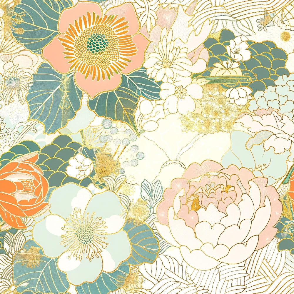 japanese blossoms, floral pattern, coral pink, sage green, gold accents, cream background, peony flowers, cherry blossoms, botanical design, asian inspired, delicate petals, layered flowers, soft pastels,, fabric panel, spring flowers, elegant florals, vintage style, romantic blooms, fabric crafting