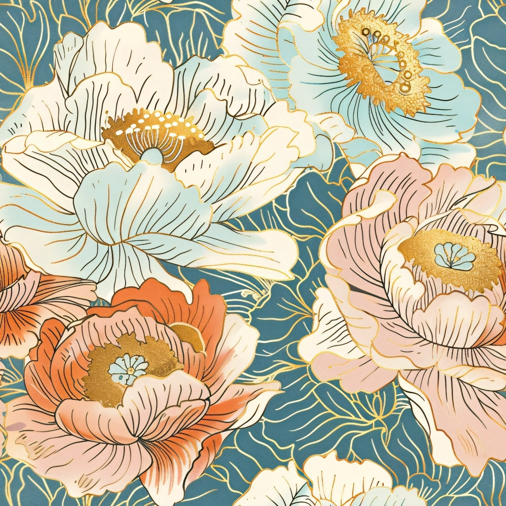 japanese blossoms, floral pattern, peony flowers, teal blue, coral pink, cream white, golden yellow, botanical design, asian inspired, layered petals, organic shapes, nature motif,, fabric panel, spring flowers, elegant florals, vintage style, soft pastels, garden theme