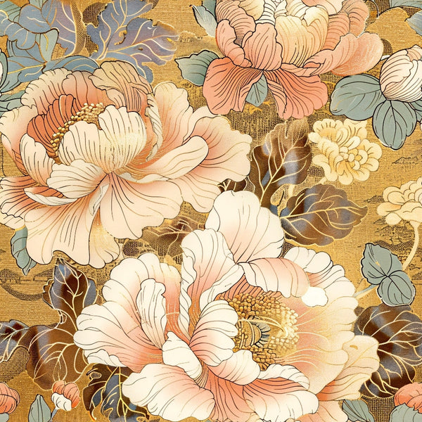 japanese blossoms, peony flowers, coral pink, cream white, sage green, golden brown, floral pattern, botanical design, layered petals, asian inspired,, fabric panel, vintage style, soft pastels, nature motif, spring flowers, delicate leaves, ornate blooms, textile art, crafting material