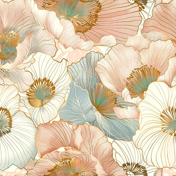 japanese blossoms, floral pattern, hibiscus flowers, coral pink, dusty blue, cream white, golden yellow, sage green, large scale florals, tropical blooms, botanical design, nature motif, asian inspired,, fabric panel, soft pastels, artistic illustration, spring flowers, delicate petals, overlapping blooms