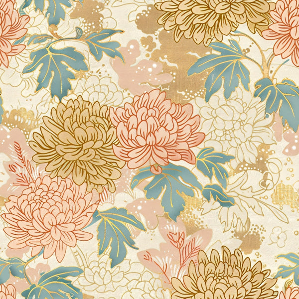 coral pink, dusty blue, golden yellow, cream background, chrysanthemum flowers, japanese florals, botanical leaves, layered petals, watercolor splashes, asian inspired, spring blossoms, vintage style,, fabric panel, soft pastels, floral motifs, organic shapes, delicate blooms, repeating pattern