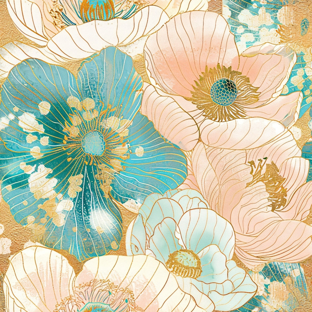 japanese blossoms, floral pattern, teal blue, coral pink, gold accents, peachy pink, large flowers, botanical design, oriental style,, fabric panel, spring florals, decorative petals, asian inspired, soft pastels, metallic gold, flower centers, layered blooms, textile art, crafting fabric