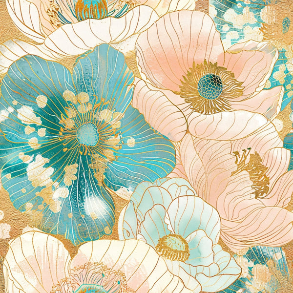 japanese blossoms, floral pattern, teal blue, coral pink, gold accents, peachy pink, large flowers, botanical design, oriental style,, fabric panel, spring florals, decorative petals, asian inspired, soft pastels, metallic gold, flower centers, layered blooms, textile art, crafting fabric