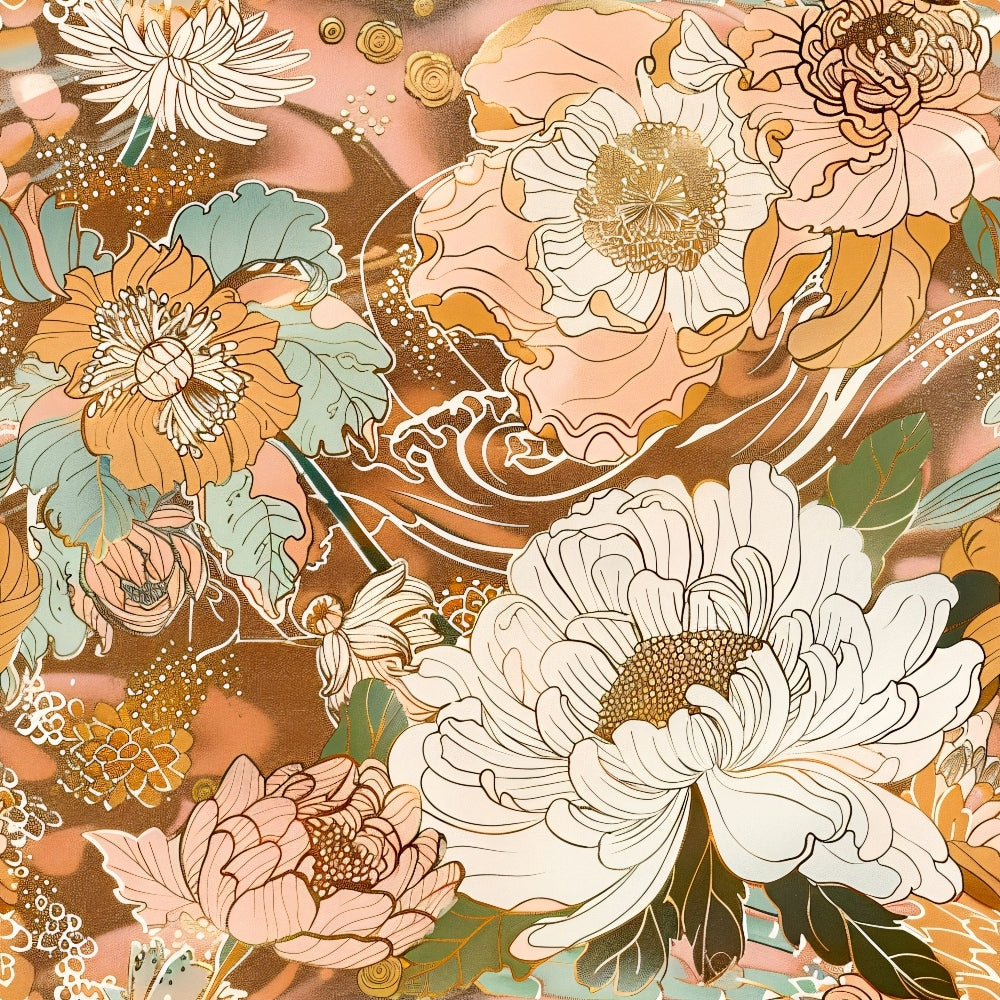 peach, coral, sage green, cream, golden yellow, japanese blossoms, chrysanthemums, peonies, floral pattern, botanical design, flowing waves, organic swirls, asian inspired, spring flowers,, fabric panel, soft pastels, nature motif, garden blooms, artistic illustration
