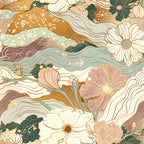 japanese blossoms, floral pattern, sage green, dusty pink, cream white, golden yellow, teal blue, flowing waves, cherry blossoms, magnolia flowers, art nouveau style, botanical design,, fabric panel, spring flowers, organic curves, layered petals, nature motif, asian inspired, soft pastels