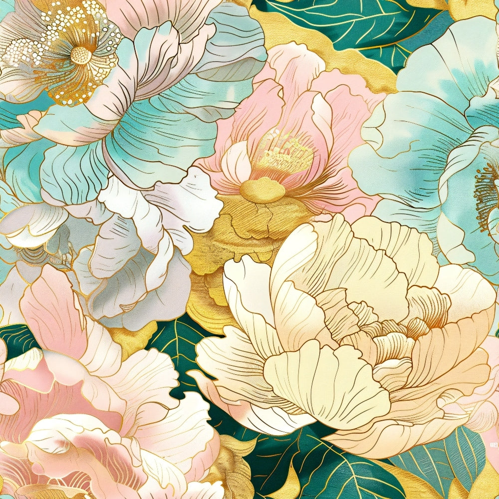 japanese blossoms, floral pattern, peonies, cherry blossoms, soft pink, sage green, golden yellow, cream white, teal blue,, fabric panel, botanical design, layered petals, delicate flowers, spring blooms, asian inspired, watercolor style, feminine aesthetic, crafting material, sewing fabric