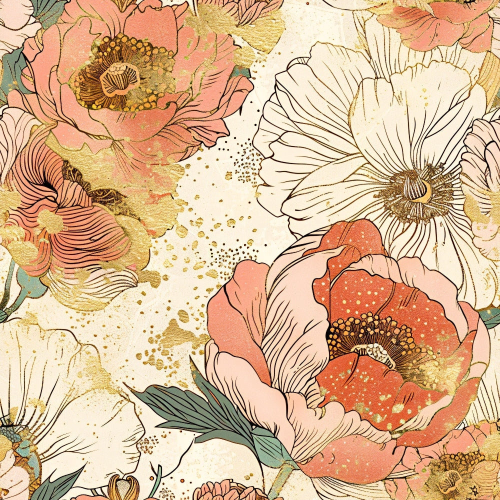 japanese blossoms, coral pink, cream white, gold accents, sage green, floral pattern, peonies, chrysanthemums, botanical design, watercolor style, vintage aesthetic,, fabric panel, spring flowers, asian inspired, delicate petals, layered blooms, soft pastels, artistic florals, nature motifs