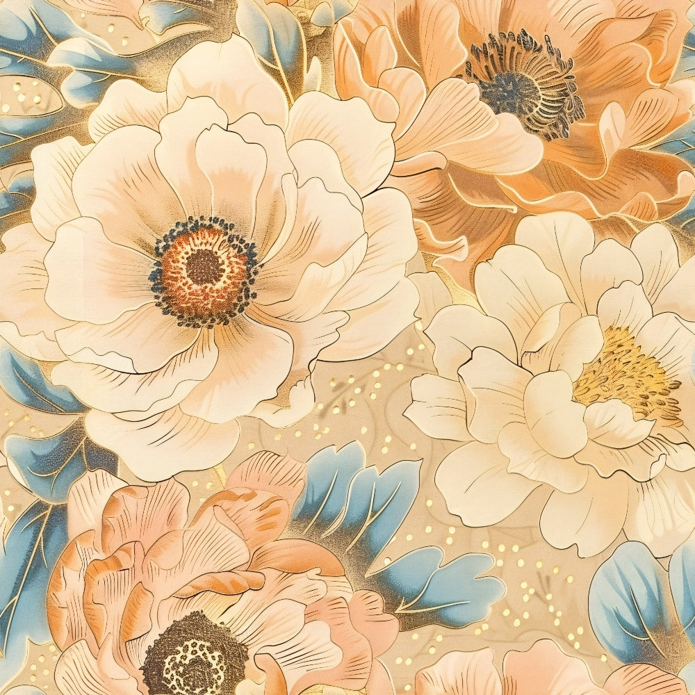japanese blossoms, floral pattern, peach flowers, cream petals, blue leaves, orange blooms, botanical design, vintage style,, fabric panel, soft pastels, layered petals, nature motif, spring flowers, delicate artwork, muted tones, seamless pattern, feminine design, crafting material