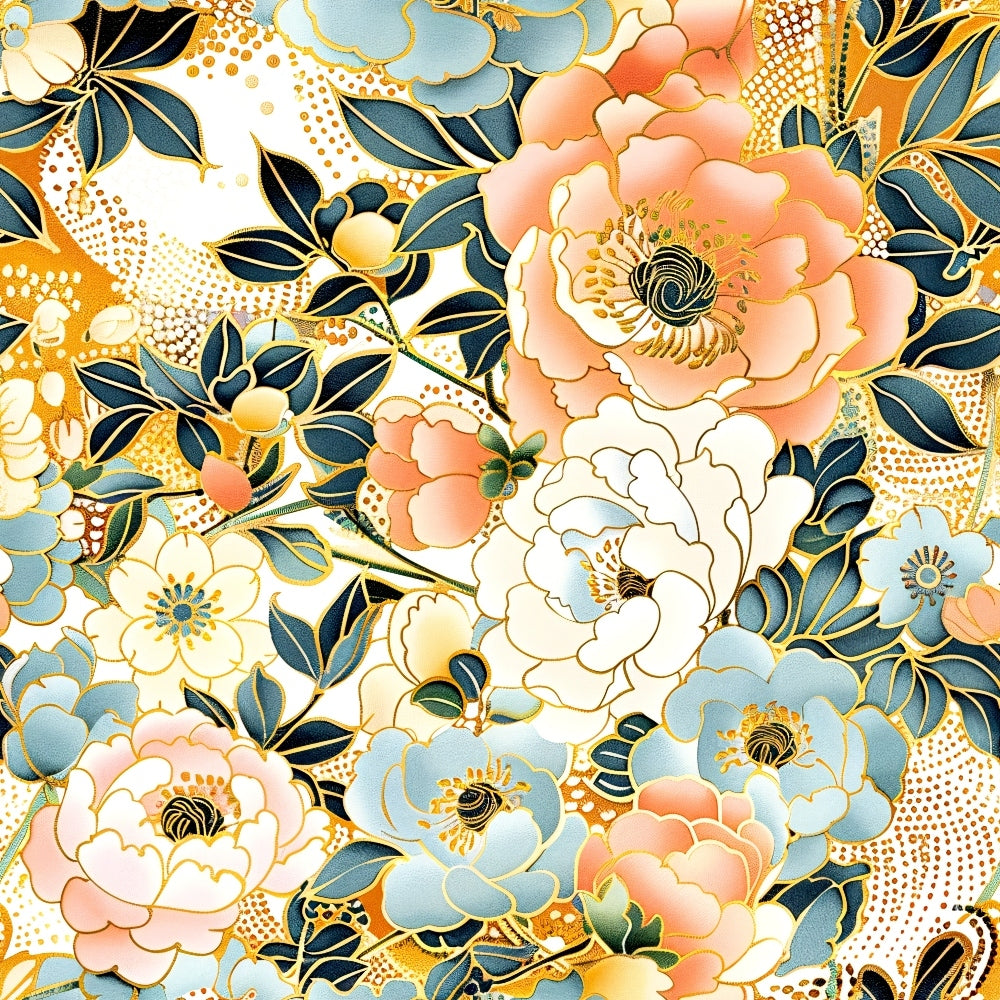 japanese blossoms, floral pattern, coral pink, dusty blue, golden yellow, cream white, navy leaves, peony flowers, cherry blossoms, oriental design, botanical motif,, fabric panel, asian inspired, spring flowers, delicate petals, flowing branches, pastel palette, vintage style, decorative blooms