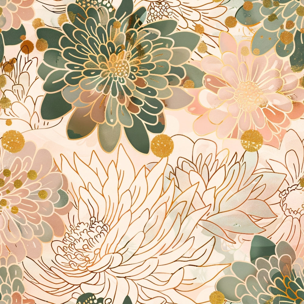 japanese blossoms, floral pattern, sage green, blush pink, gold accents, cream background, chrysanthemums, peonies, botanical design,, fabric panel, asian inspired, layered florals, soft pastels, nature motif, spring flowers, artistic blooms, feminine colors, delicate petals, floral fabric