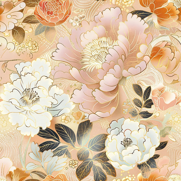 japanese blossoms, floral pattern, peach tones, coral pink, cream white, gold accents, charcoal leaves, peonies, cherry blossoms, oriental style, botanical design,, fabric panel, spring flowers, asian inspired, soft pastels, layered petals, decorative flourishes, elegant motifs