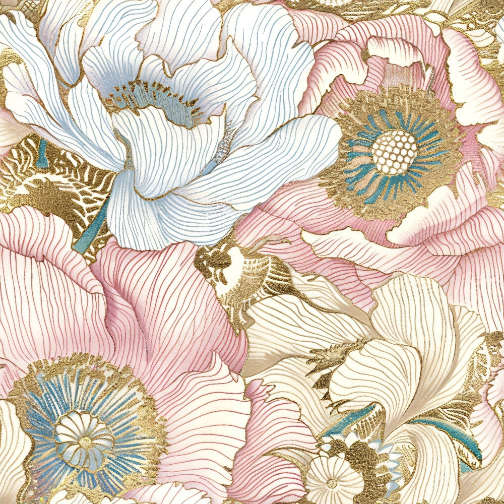 japanese blossoms, floral pattern, pink flowers, white flowers, blue accents, gold metallic, cream background, large blooms, petals, flower centers,, fabric panel, botanical design, asian inspired, soft pastels, elegant florals, spring theme, decorative fabric, cotton material, seamless pattern
