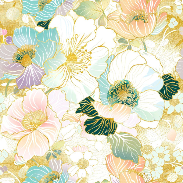 japanese blossoms, floral pattern, cherry blossoms, gold accents, pastel colors, mint green, coral pink, lavender purple, white flowers, teal leaves, botanical design, spring flowers, asian inspired, delicate petals,, fabric panel, soft palette, nature motif, blooming flowers, elegant florals