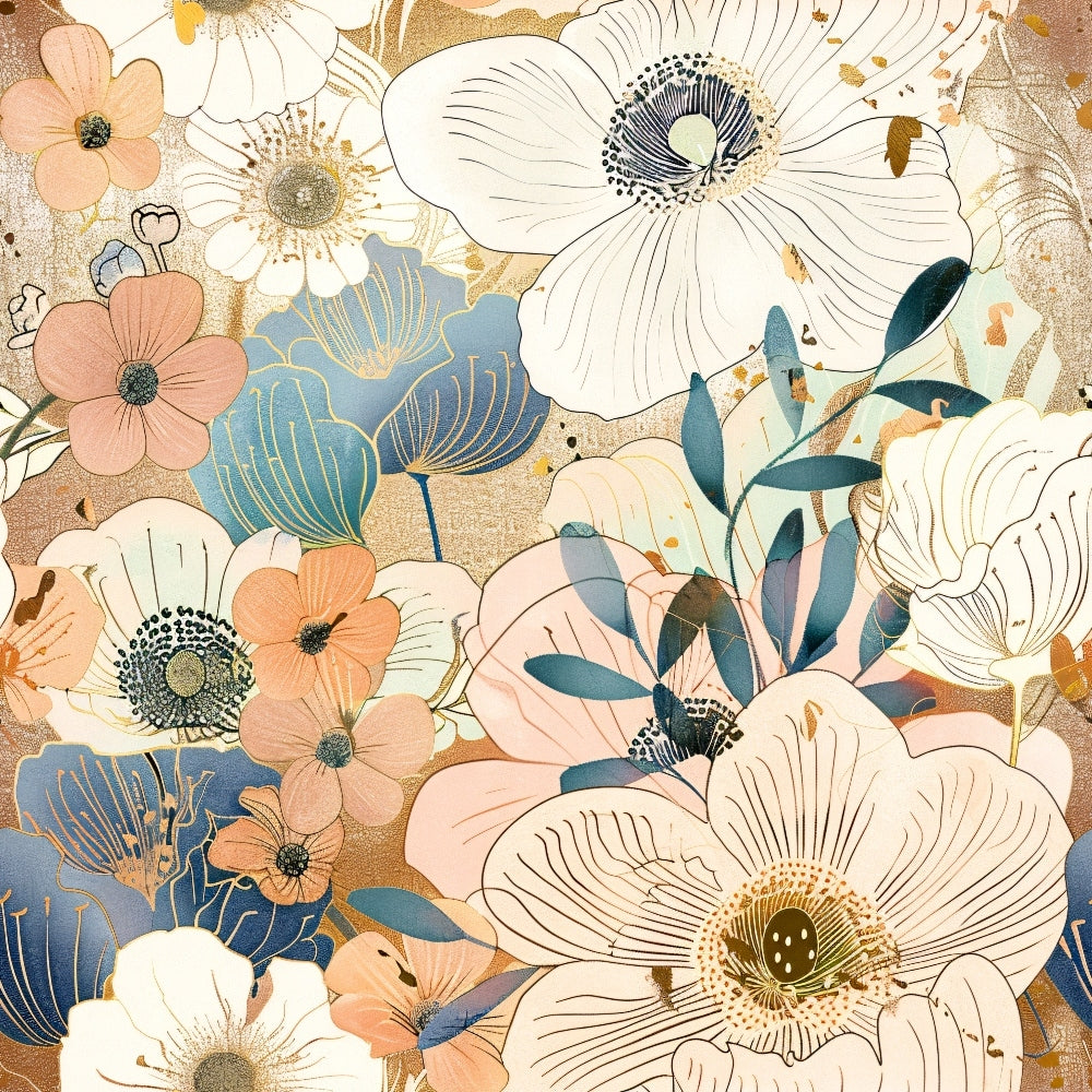 japanese blossoms, floral pattern,, fabric panel, peach flowers, blue petals, white blooms, cream background, botanical design, delicate leaves, spring flowers, soft pastels, artistic illustration, nature motif, feminine style, crafting fabric, sewing material, garden theme, layered florals, modern floral