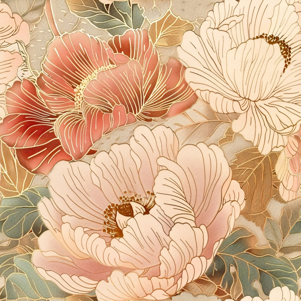 japanese blossoms, floral pattern, peony flowers, coral pink, cream white, sage green, gold accents, botanical design, large scale florals,, fabric panel, asian inspired, soft pastels, layered petals, elegant blooms, nature motif, sophisticated palette, artistic florals