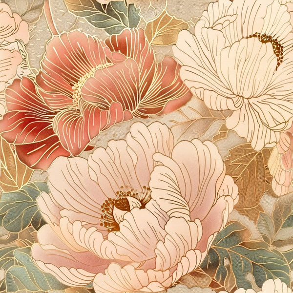 japanese blossoms, floral pattern, peony flowers, coral pink, cream white, sage green, gold accents, botanical design, large scale florals,, fabric panel, asian inspired, soft pastels, layered petals, elegant blooms, nature motif, sophisticated palette, artistic florals