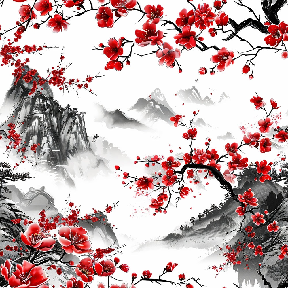 japanese cherry blossoms, red flowers, black branches, gray mountains, white background, asian landscape, ink wash style, sakura blooms, mountainous scenery, oriental art, watercolor effect, nature scene, spring blossoms,, fabric panel, monochromatic gray, crimson red, flowering branches, misty mountains, serene landscape