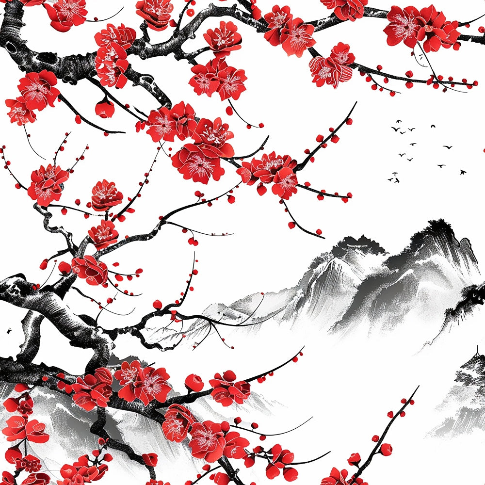 red flowers, cherry blossoms, black branches, gray mountains, white background, birds in flight, japanese art style, ink wash painting, sakura motifs,, fabric panel, spring theme, asian inspired, floral pattern, nature scene, watercolor effect, serene landscape, blooming tree, mountain vista, peaceful imagery