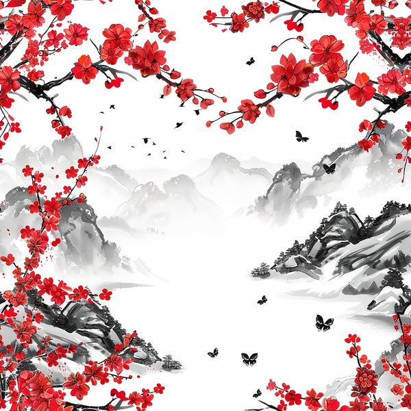 japanese cherry blossoms, red flowers, coral pink, gray mountains, black butterflies, ink wash landscape, watercolor style, floral branches, scenic panel,, nature scene, asian inspired, spring blossoms, misty mountains, delicate petals, peaceful mood, sakura motif, mountain vista, botanical print, serene landscape