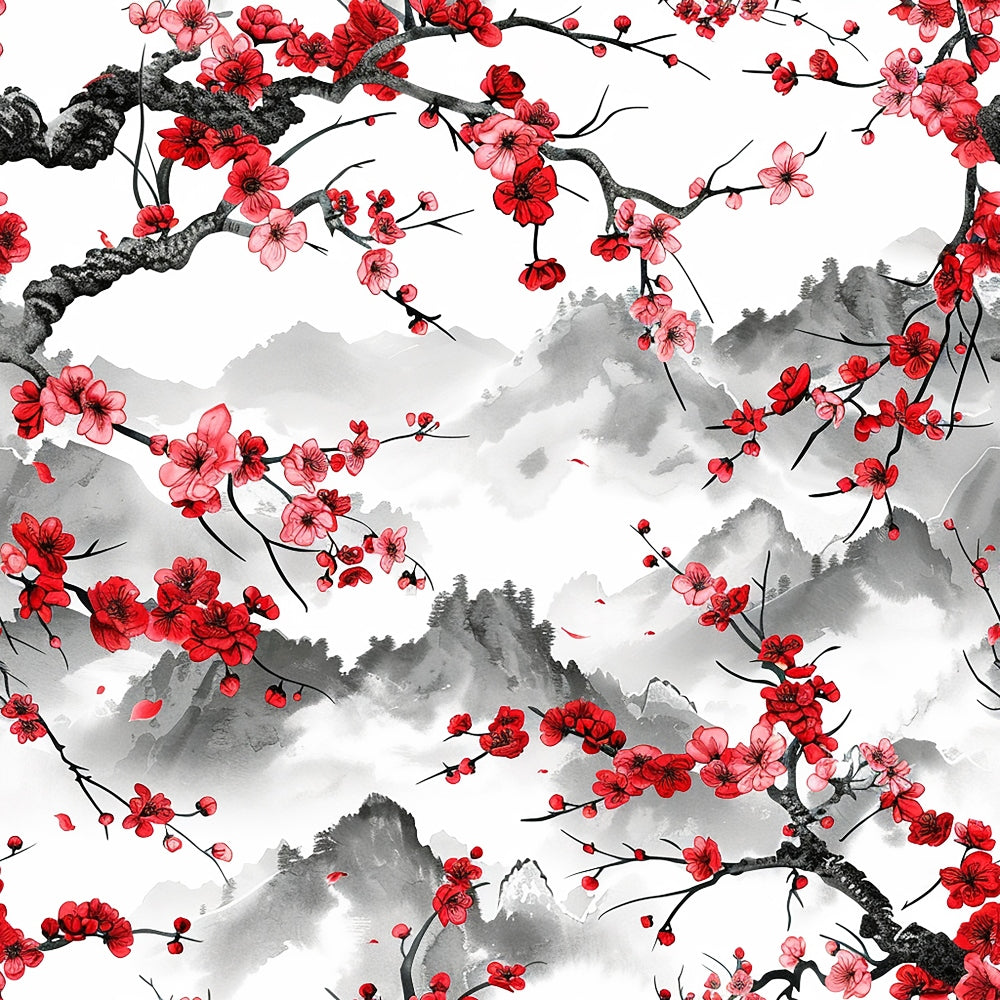 cherry blossoms, japanese art, red flowers, pink flowers, gray mountains, black branches, watercolor style, asian inspired, floral pattern,, fabric panel, nature scene, mountain landscape, blooming trees, delicate petals, ink wash, serene mood, botanical design, spring flowers, oriental motif