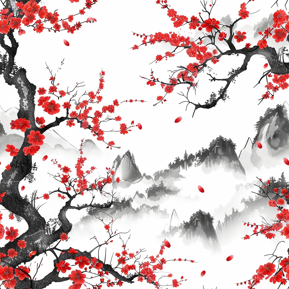 cherry blossoms, red flowers, black branches, gray mountains, white background, japanese art, asian style, floral pattern, nature scene, falling petals, misty landscape, ink wash style, spring blossoms,, fabric panel, botanical design, serene mood, mountain peaks, flowering tree, oriental motifs