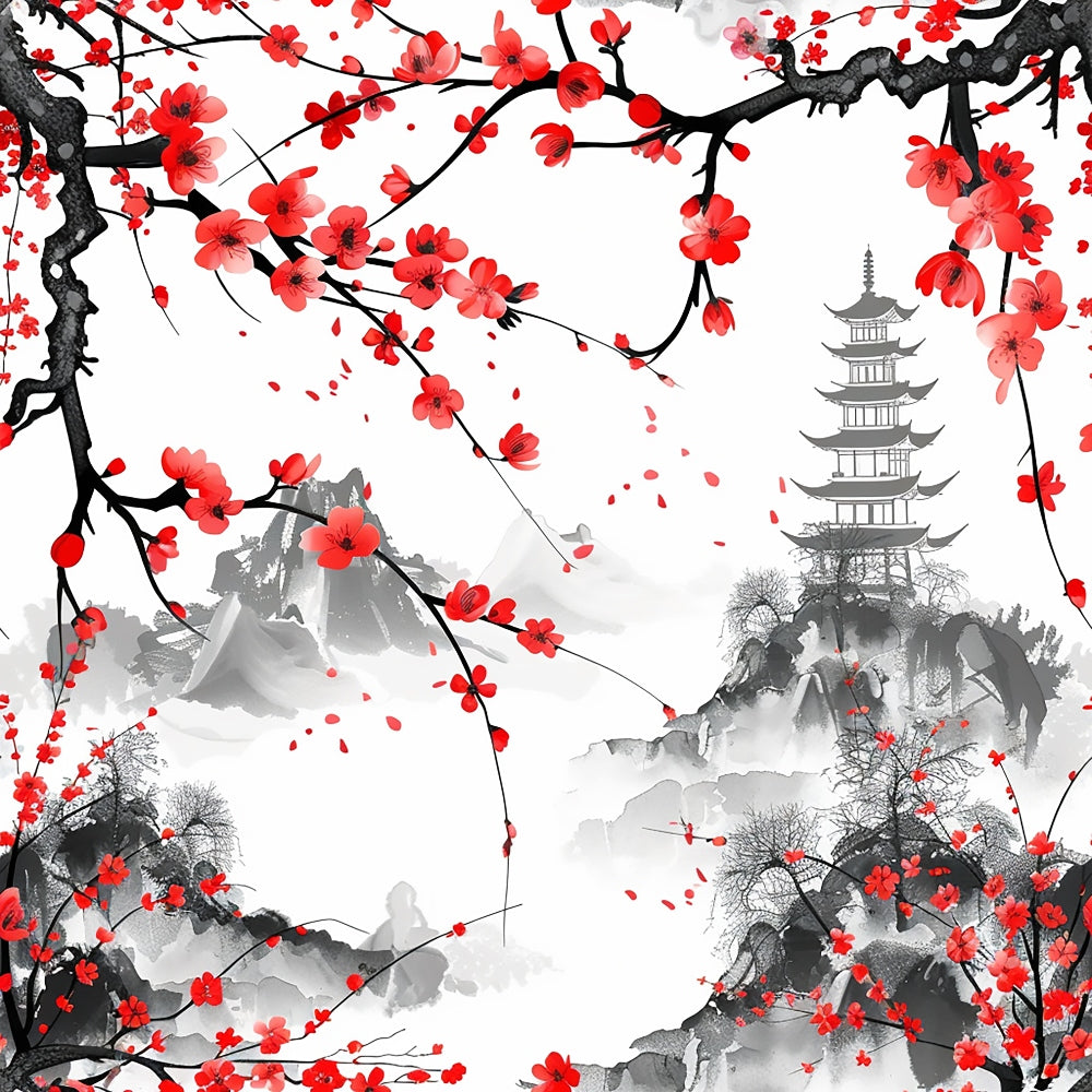 red, pink, black, white, gray, cherry blossoms, pagoda, mountains, branches, petals, japanese art, asian inspired, watercolor style, ink wash, serene, spring flowers, nature scene,, fabric panel, floral pattern