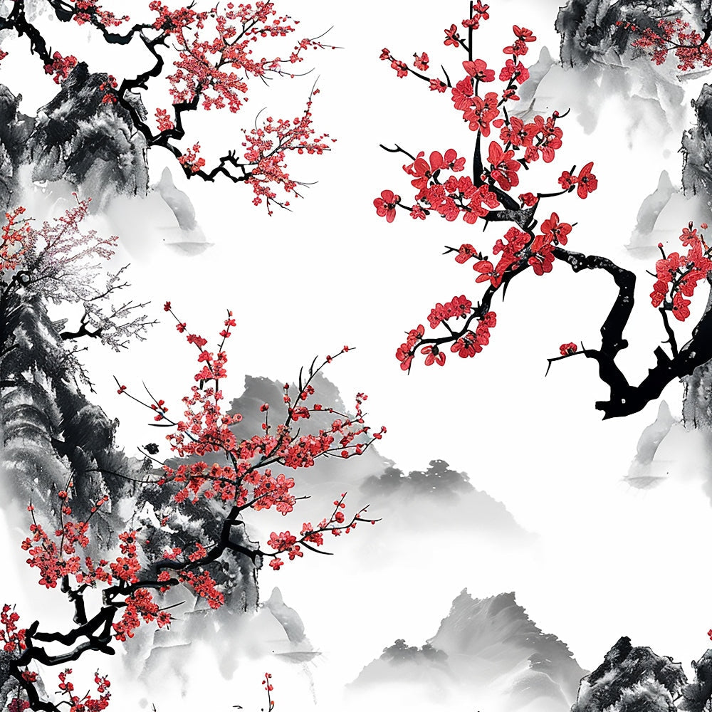 red, black, white, gray, cherry blossoms, plum blossoms, flowering branches, mountains, asian art, japanese style, watercolor effect, ink wash, botanical, spring flowers, misty landscape,, fabric panel, nature scene, monochrome, floral motifs