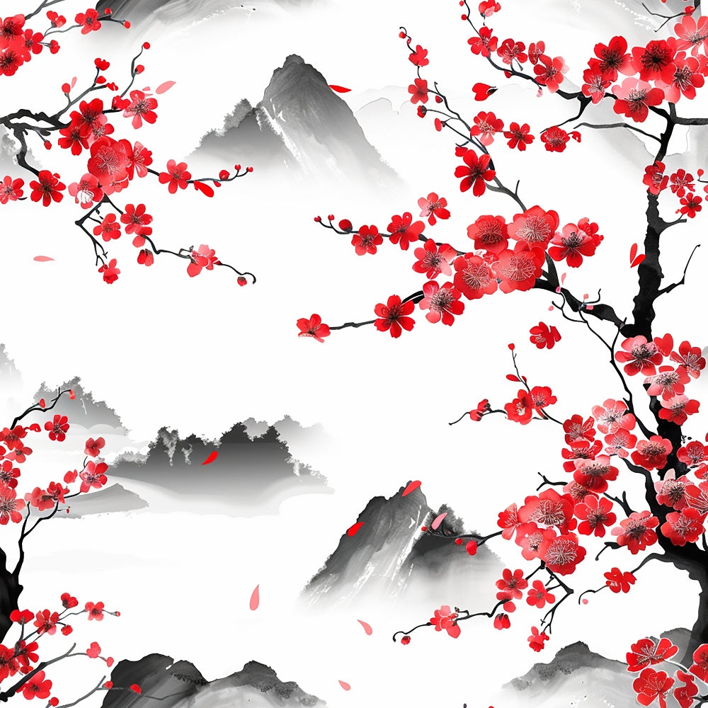 cherry blossoms, red flowers, pink petals, black branches, gray mountains, white background, japanese style, floral pattern, nature scene, sakura blooms, watercolor effect, asian inspired, spring theme, botanical design,, fabric panel, misty landscape, falling petals, mountain peaks, delicate florals