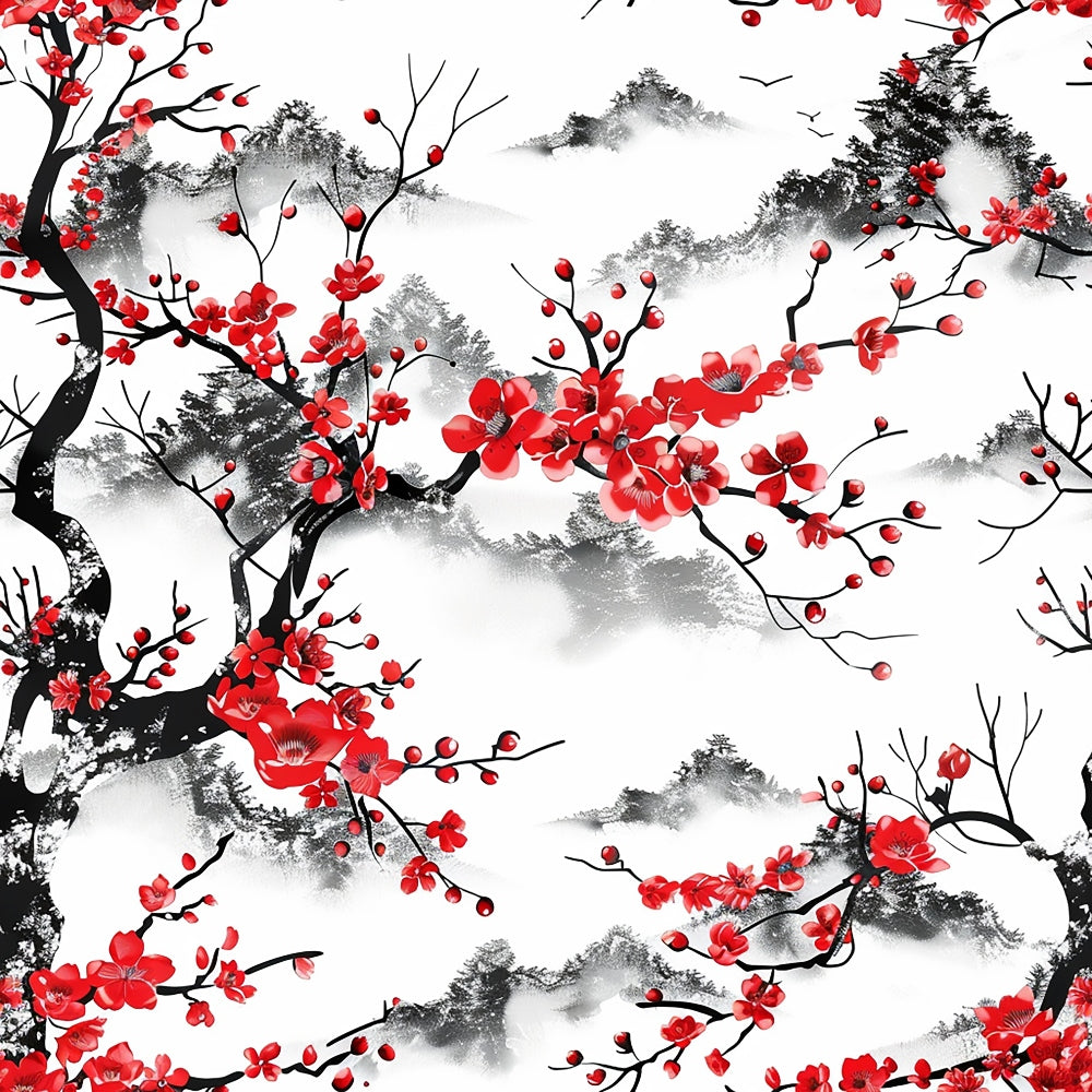 red, white, black, cherry blossoms, japanese style, floral branches, mountain landscape, misty clouds, watercolor effect,, fabric panel, spring flowers, asian inspired, nature scene, birds in flight, botanical design, serene mood, ink wash style, blooming trees, scenic backdrop
