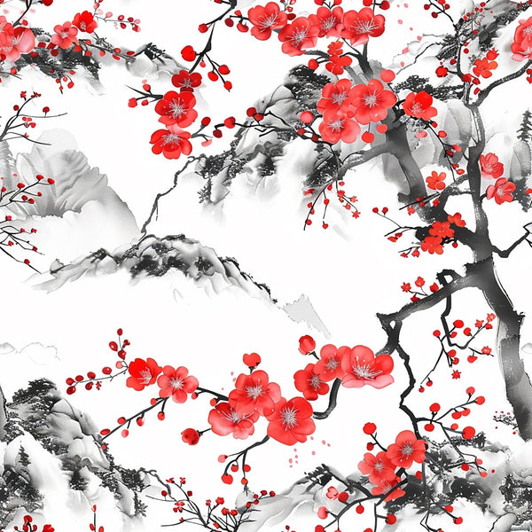 cherry blossoms, red flowers, coral pink, black branches, gray mountains, white background, watercolor style, asian inspired, floral pattern, nature scene, spring blooms, delicate petals, mountain landscape, botanical design,, fabric panel, serene mood, oriental art, flowering tree, ink wash