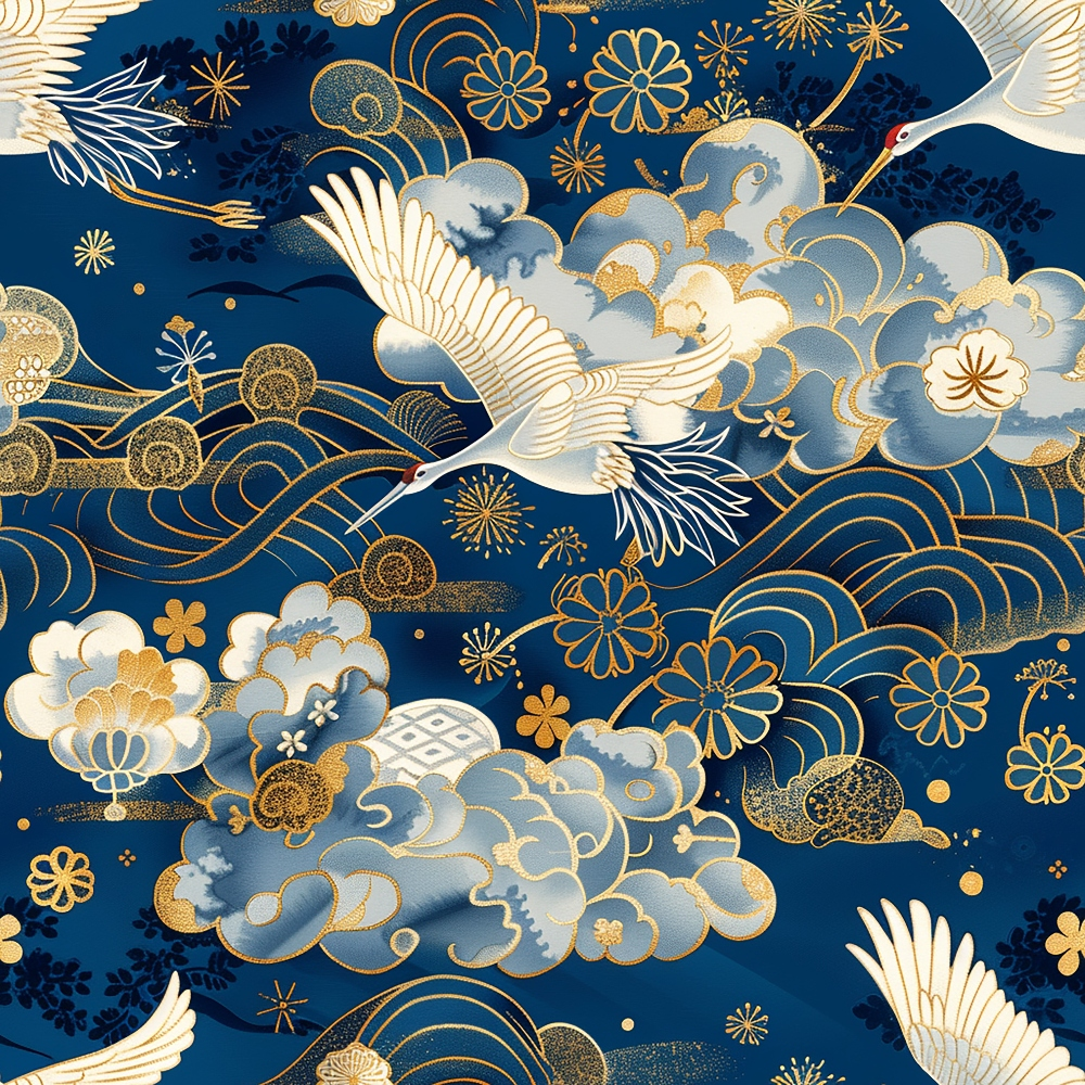 navy blue, gold accents, white cranes, flying birds, japanese art, asian inspired, clouds, floral motifs, cherry blossoms, ornate patterns,, fabric panel, elegant design, nature theme, metallic details, decorative swirls, artistic print, crane motifs, oriental style, luxurious appearance