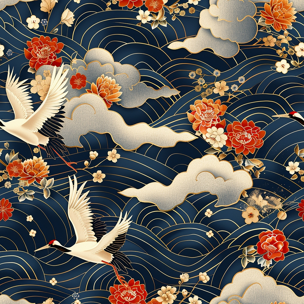 navy blue, deep blue, cream, gold, red, orange, white, japanese cranes, flying birds, cherry blossoms, peonies, clouds, waves, floral motifs, asian inspired, elegant design,, fabric panel, nature scene, ornate pattern, serene mood, decorative birds